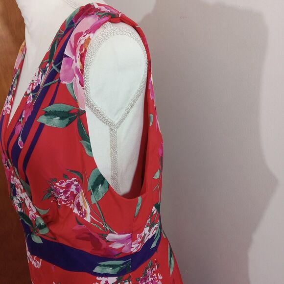 Chris McLaughlin Size 16 Dress Red Pink White Floral Maxi Faux Wraparound - Picture 3 of 15